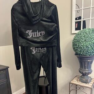 New Juicy Couture Black Tracksuit hoodie pants bling rhinestone logo. Sz Large